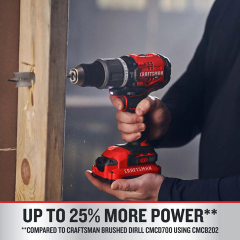 Person using V20 Cordless Hammer Drill Kit With A Half Inch Chuck, Brushless Motor, 340 UWO, 32,300 BPM on wooden surface