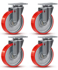 Heavy Duty 5 Inch Swivel Casters Set Of Four With Cast Iron Core And Polyurethane Tread, red and gray wheels for workshop use.