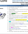 USB Oscilloscope Data Logger device with connectors and cables shown on a data sheet with features listed.