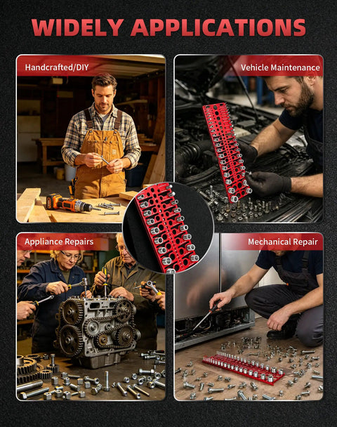 Collage showing various uses of Handy Thread Gauge Kit With 22 SAE And 18 Metric Thread Sizes, 26 Drill Bit Gauges in repairs