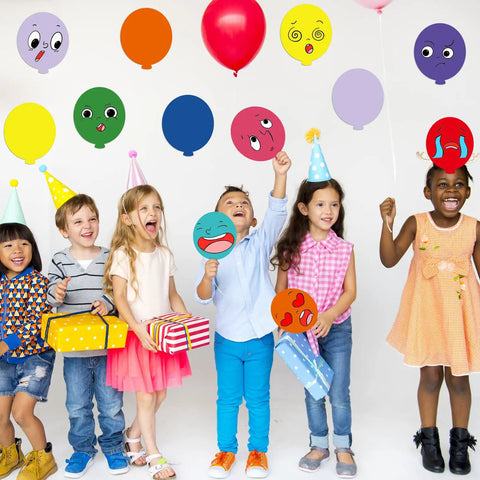 Kids holding gifts and smiling with colorful balloon cutouts for classrooms and DIY projects, 108 assorted hot air balloon die-cuts