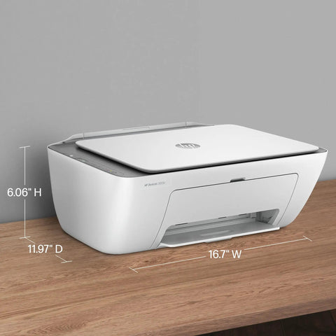 DeskJet 2855e Wireless All In One Color Inkjet Printer Scanner Copier For Home Use With 3 Month Instant Ink Trial Included 2.4 GHz Wireless Only AI Powered Page Precision on desk showing dimensions.