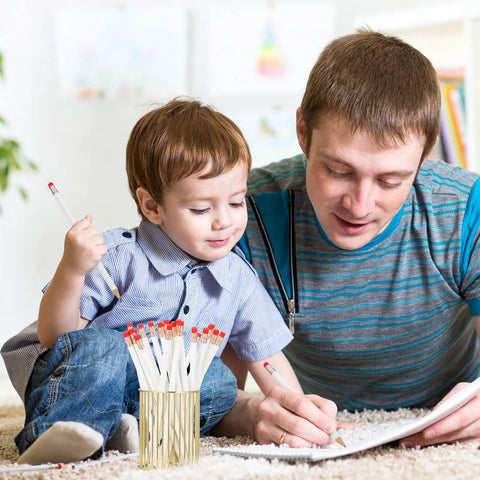 Child and adult using 24 Pieces Round Pencils With Erasers HB Graphite Wood Pencils for school and drawing on floor