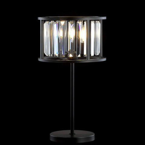 Oil Rubbed Bronze Two Light Metal And Crystal Table Lamp With Traditional Geometric Bedside Design For Living Room Or Bedroom, Linear Crystals, LED Bulbs Included, 21.5 Inch Tall, lit view.