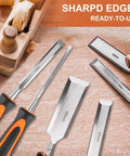 10 Piece Wood Chisel Set With Honing Guide And Sharpening Stone Includes Carpenter Pencils And Sharpener A Complete DIY And Pro Grade Woodworking Kit For Home Projects 6mm 13mm 19mm 25mm 32mm 38mm Chisels displayed on wooden surface.