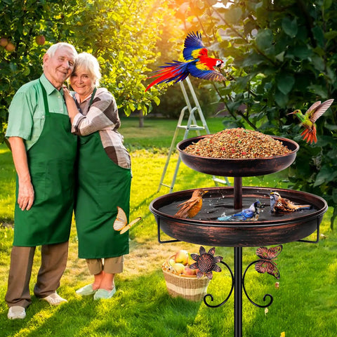 Vintage Outdoor Bird Bath and Feeder Stand 42 Inch Freestanding Bronze Bird Bath with Dual Bowls Upgraded Five Pronged Base