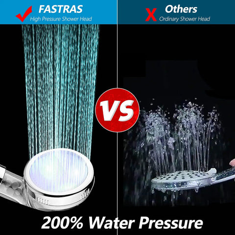 Comparison of LED Shower Head With Handheld High Pressure Flow Filtration System vs ordinary shower head, showing water pressure differences.