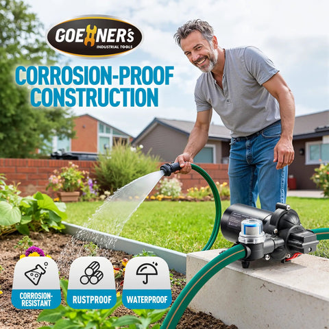 Man using Ultra Quiet 12V DC RV Water Pump With 4.5 GPM And 45 PSI Diaphragm Design for garden watering