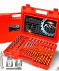 50 Piece Bolt Extractor Set With Pilot Center Pin in red carrying case, includes MultiSpline Extractors, Left Hand Cobalt Drill Bits.