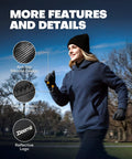 Woman jogging in park wearing 3M Thinsulate Winter Gloves for Men and Women, showing anti-slip design, wrist straps, and logo