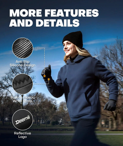 Woman jogging in park wearing 3M Thinsulate Winter Gloves for Men and Women, showing anti-slip design, wrist straps, and logo
