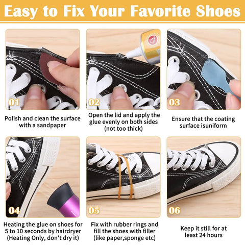 Step-by-step image showing use of Waterproof Shoe Glue Kit For Sole Repair With Slow Drying Adhesive For Sneakers Boots Leather Bags And Heels Fix