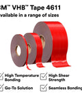 VHB double-sided acrylic foam tape 4611 dark gray, various sizes, high-temp structural mounting adhesive, shown with red liner.