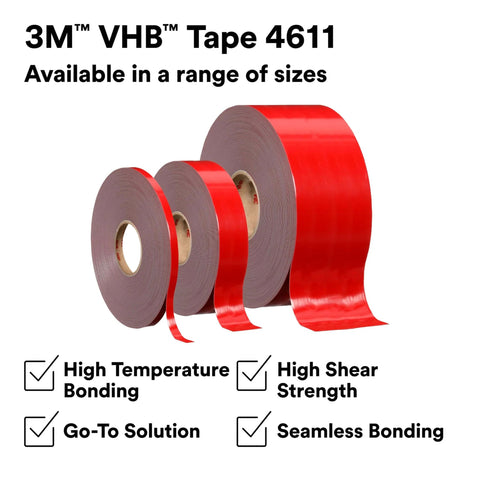 VHB double-sided acrylic foam tape 4611 dark gray, various sizes, high-temp structural mounting adhesive, shown with red liner.