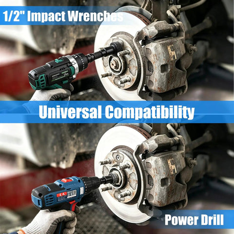 Wheel Hub Cleaning Tool And Resurfacing Kit used with impact wrench and power drill on wheel hub, showing compatibility.