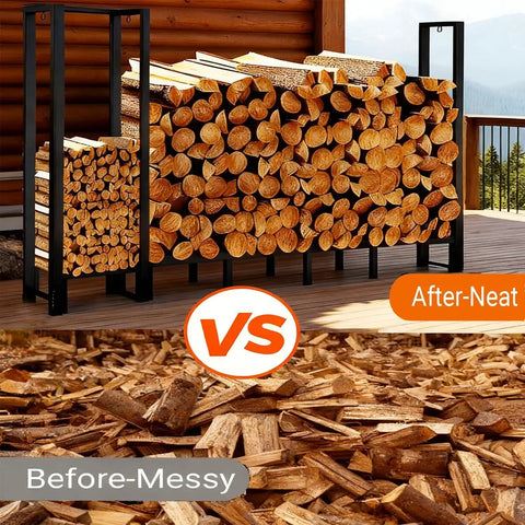 Beefy 8Ft Firewood Rack With Heavy Duty Metal Frame And Built In Kindling Storage For Indoor And Outdoor Use, organized firewood