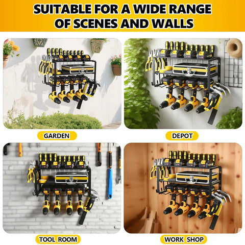 Wall Mount Tool Organizer Rack With Four Cordless Drill Holders Three Layer Garage Storage Shelf Heavy Duty Iron Matte Black Keeps Your Shop Clean And Ready 150 Lb Load Capacity