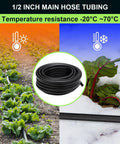 50 Feet 1/2 Inch Drip Irrigation Tubing Main Line Hose in garden with temperature icons for versatility