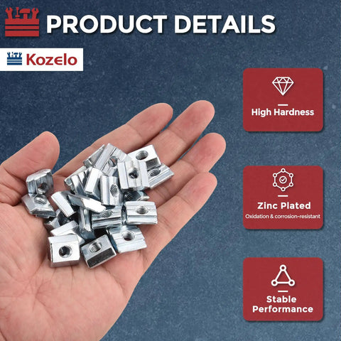 Bulletproof Heavy Duty Hammer Nuts Sliding T Fasteners For 3030 Aluminum Extrusion in hand, zinc plated, size for M4 thread locks.