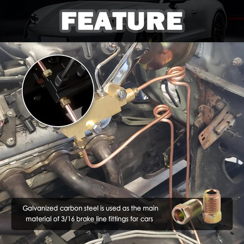 Three Sixteenth Inch Brake Line Fittings Kit With Invert Flare M10 By 1.0 Metric Threads Direct Replacement For Old Car Parts Brake Lines Union Space Saving And Easy To Install For Brake System Repair galvanized steel fitting installed on car brake line