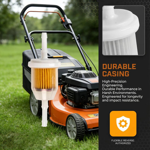 Fuel Filter 1/4 Inch And 5/16 Inch Two Pack Plug And Play Replacement installed on lawn mower with durability graphic.