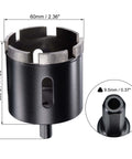 Front view of 60mm diamond core drill bit hole saw for wet masonry, black metal with 9.5mm bore inset.