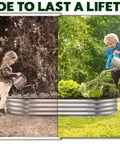 Open Base Galvanized Raised Garden Bed For Backyard Gardening 4 By 2 By 1 Ft Planter with elderly woman and child watering plants