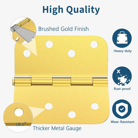 Three Pack Four Inch Exterior Door Hinges Brushed Gold With Five Eighths Inch Radius Corners Removable Pin Heavy Duty For Front And Back Doors Anti Rust No Squeaks Built To Last detailed brushed gold finish and features