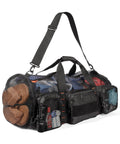 90L Mesh Duffle Bag For Scuba Gear And Snorkel Equipment with black mesh, adjustable strap, and packed with water sports essentials.