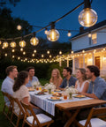 100 Ft Outdoor String Lights With Waterproof G40 Shatterproof LED Bulbs Dimmable and Connectable Globe Lighting above outdoor dinner party