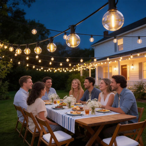 100 Ft Outdoor String Lights With Waterproof G40 Shatterproof LED Bulbs Dimmable and Connectable Globe Lighting above outdoor dinner party