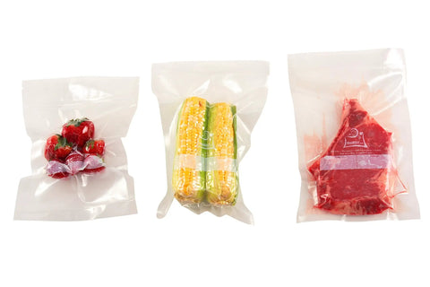 100 Quart Size Vacuum Sealer Bags 8 By 12 Inches Heavy Duty BPA Free Commercial Grade with strawberries, corn, and steak inside