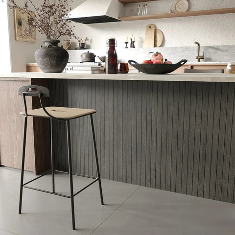 Grey Peel And Stick Wood Wall Panels 3D PVC Wood Slat Wallpaper Renter Friendly showcased in modern kitchen with bar stool.
