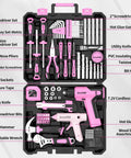 No Sweat Pink Cordless Drill 188 Piece Heavy Duty Tool Box For Women Home Repair Kit With Fast Charger Claw Hammer Wrench And Precision Drivers Slick DIY Setup inside a compact toolbox.
