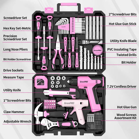 No Sweat Pink Cordless Drill 188 Piece Heavy Duty Tool Box For Women Home Repair Kit With Fast Charger Claw Hammer Wrench And Precision Drivers Slick DIY Setup inside a compact toolbox.