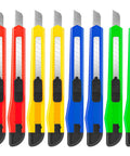 Front view of 8-pack color‑assorted retractable utility knives with 9mm blades in red, yellow, blue and green.
