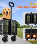 Heavy Duty Workhorse Foldable Wagon Cart With All Terrain Wheels 220 Lb Capacity Portable Lightweight Utility Cart Collapsible 2 Cup Holders Ideal For Grocery Runs Beach Days Sports And Shopping Black on outdoor path with cups in holders, dog and cat inside cart.