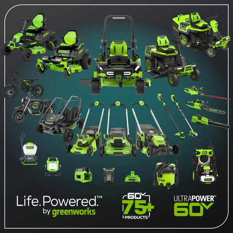 Greenworks 75+ products including 60V Brushless Self Propelled Cordless Lawn Mower With 21 Inch Deck and various outdoor tools