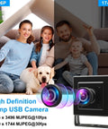 Family sitting in living room with dog, showcasing image quality difference of 16MP USB Webcam With 4K Resolution For Desktop And Laptop.