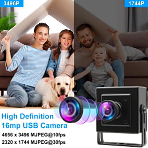 Family sitting in living room with dog, showcasing image quality difference of 16MP USB Webcam With 4K Resolution For Desktop And Laptop.