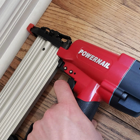 Heavy-Duty Pneumatic 18-Gauge Straight Brad Nailer Bad Boy Anodized Aluminum Magazine No-Mar Nose Tip Zero Hassle Reload Indicator Hardwood Flooring Trim Projects Stair Treads AX Series Compatible