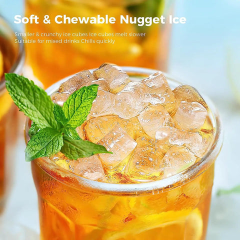 Straight Up Beast Countertop Pellet Ice Maker Cranking Sixty Six Pounds Daily With Smart Touchscreen Interface, mint garnished drink with nugget ice.