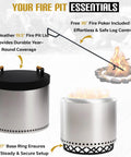 Smokeless Fire Pit Accessories Set For Outdoor Hangouts And Backyard Chill, 17 Inch Carbon Steel Base, 36 Inch Poker, 20 Inch Lid With Wood Handles shown.