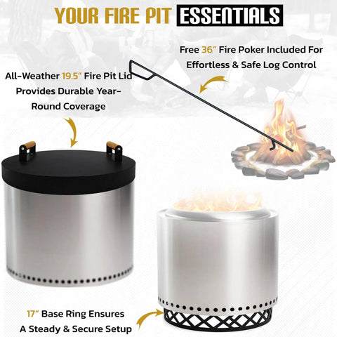 Smokeless Fire Pit Accessories Set For Outdoor Hangouts And Backyard Chill, 17 Inch Carbon Steel Base, 36 Inch Poker, 20 Inch Lid With Wood Handles shown.