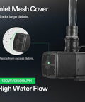 Front view of submersible pond pump with inlet mesh cover; black plastic housing, 130W, high water flow.