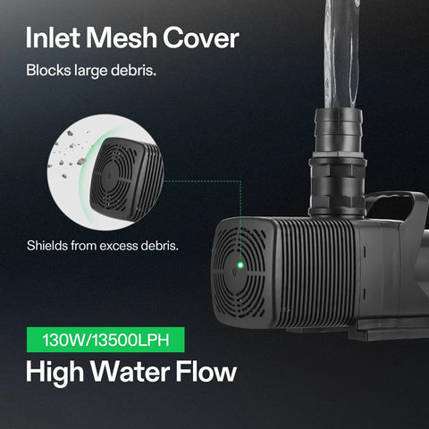 Front view of submersible pond pump with inlet mesh cover; black plastic housing, 130W, high water flow.