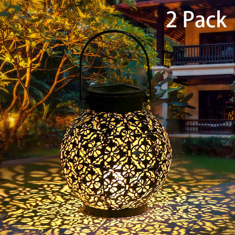 Outdoor Solar Lanterns Hanging Lights For Patio Porch Backyard Decorative Garden Lamps Metal Waterproof LED Lanterns With Auto On Off No Fuss Easy Setup Create Charming Shadow Patterns Two Pack, casting intricate light patterns on the patio.