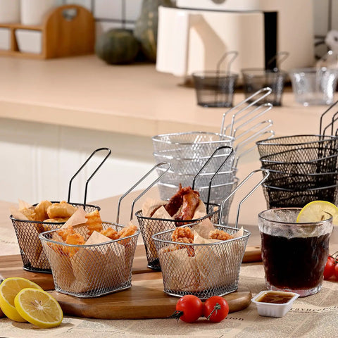 Eight Pack Mini Square Fry Baskets For Fries And Sides, Iron Wire Chrome Plated, serving fries on wooden tray, with drinks and condiments