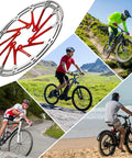 Beefy Stainless Steel MTB Bike Brake Rotors 140mm 160mm 180mm 203mm With 12 Bolts CNC Machined One Piece Disc For Mountain Road And Ebike Vented Design To Stay Cool And Consistent Braking Red with cyclists riding on varied terrains including mountains and beaches.