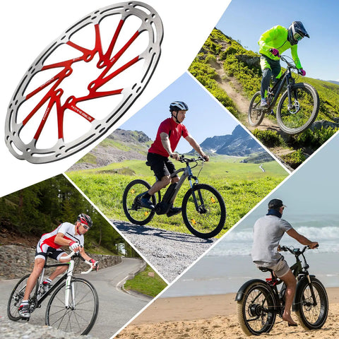 Beefy Stainless Steel MTB Bike Brake Rotors 140mm 160mm 180mm 203mm With 12 Bolts CNC Machined One Piece Disc For Mountain Road And Ebike Vented Design To Stay Cool And Consistent Braking Red with cyclists riding on varied terrains including mountains and beaches.